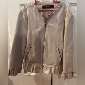 Zara Ruffled Beige Faux Leather Jacket